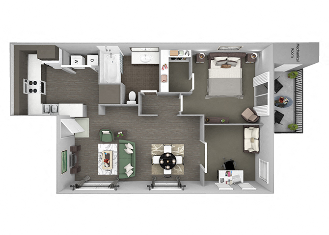 Floor plan for 1 bed, 1 bath, 962 sqft